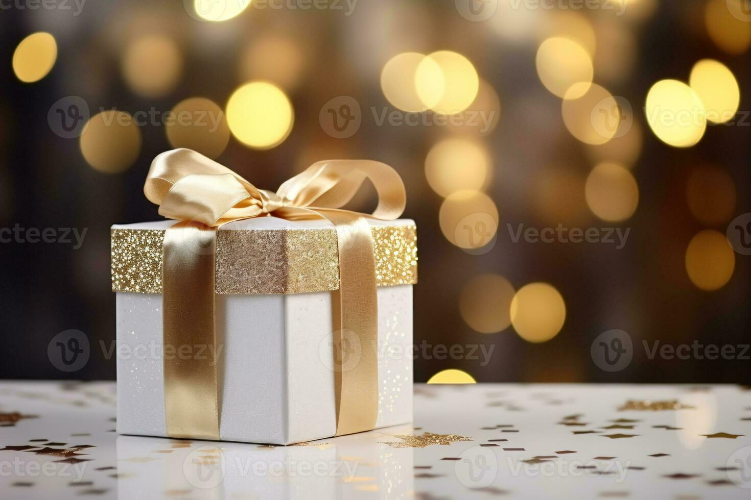 White and Gold Gift Box with Glitter Lights and Bokeh. AI Generative photo