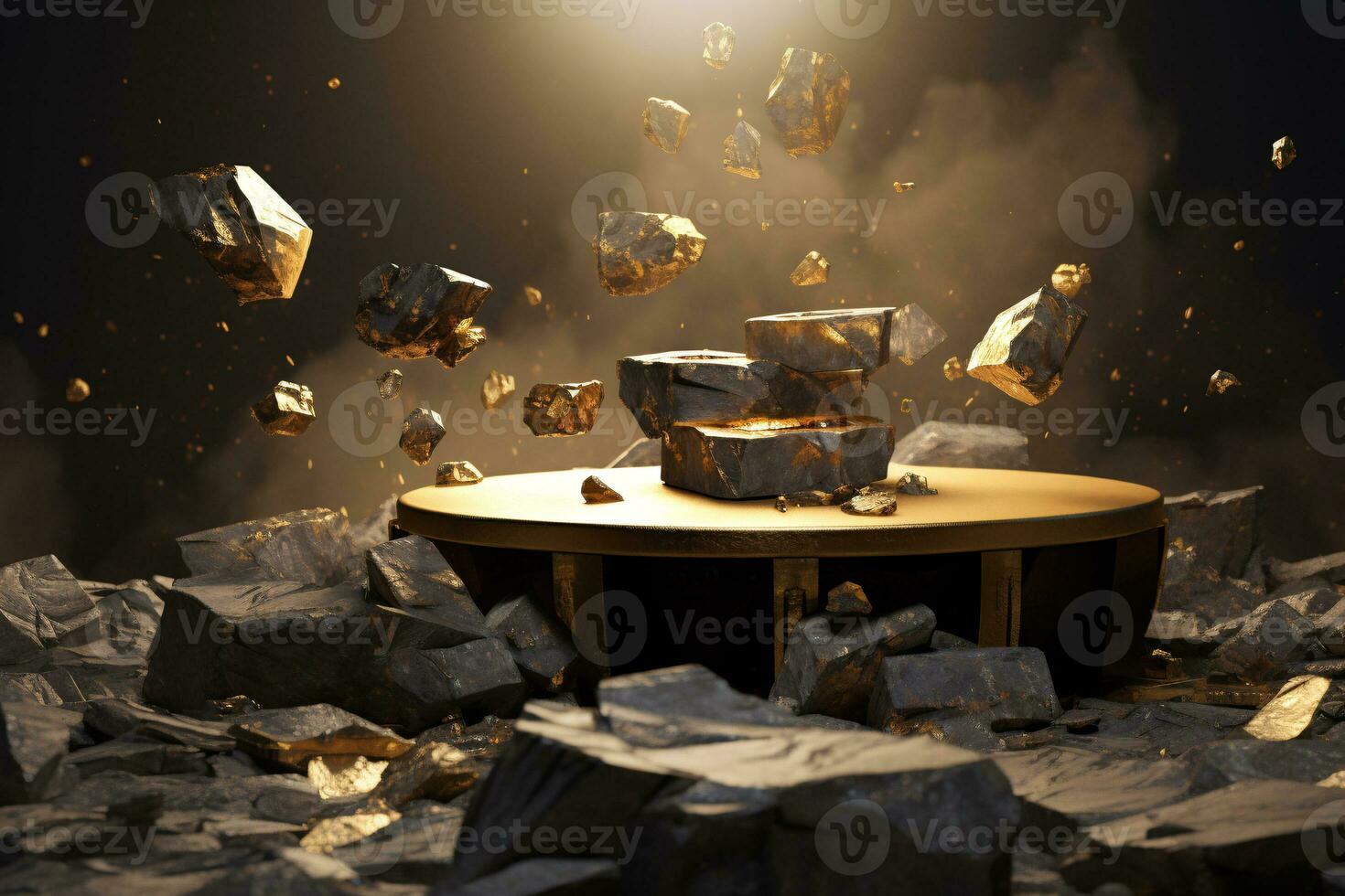 Black Rock Cobblestone Ruins Podium with Golden Nuggets. Elegant Modern 3D Render for Product Display. AI Generative photo