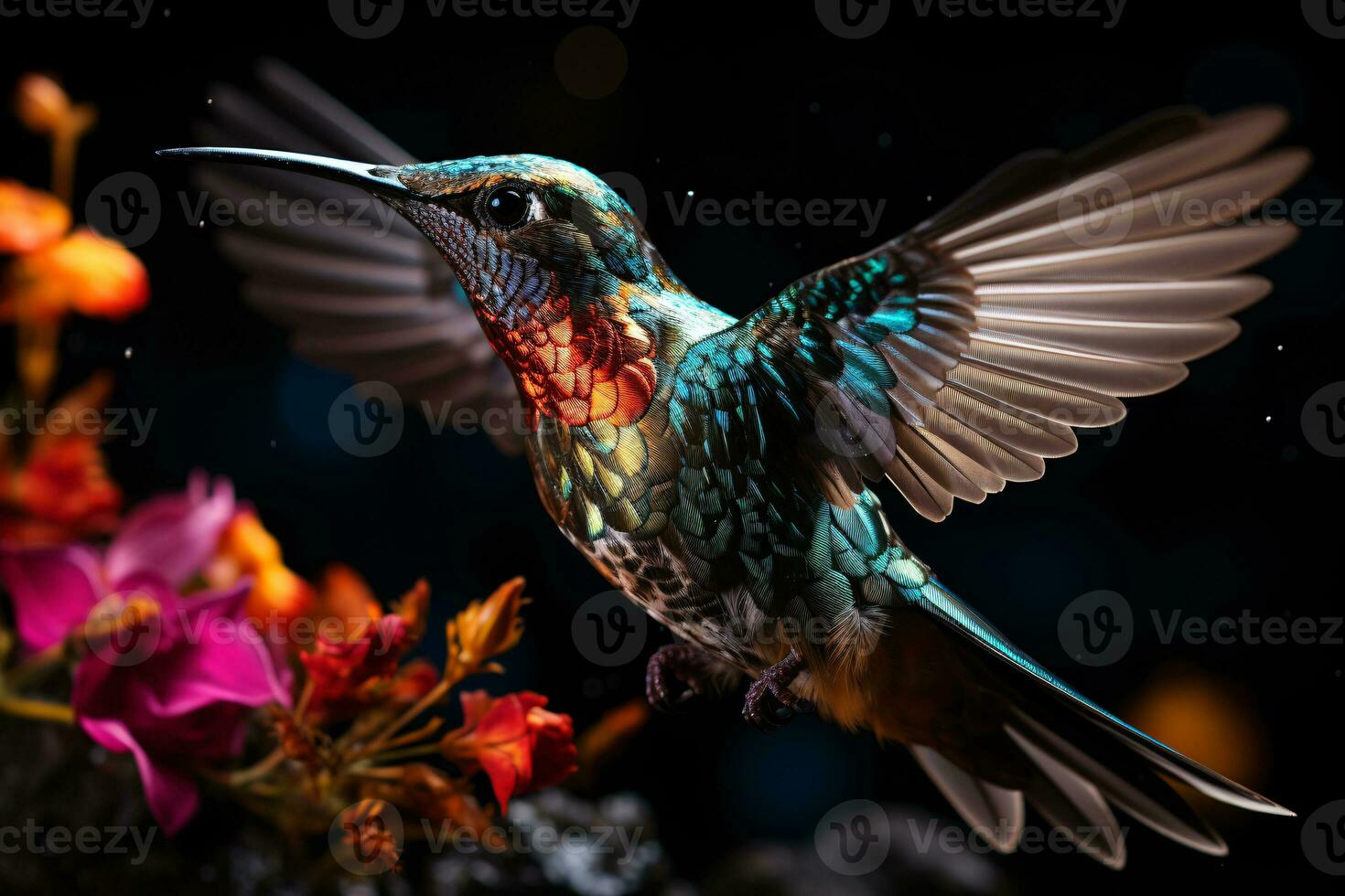 Colorful Hummingbird Soaring Through Bokeh Background. AI Generative photo