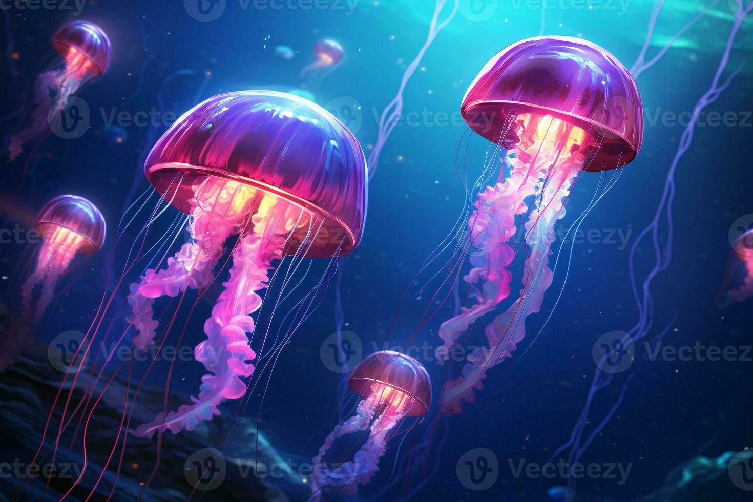 Bioluminescent Jellyfish Light Up the Night. A Magical and Surreal Sight. AI Generative photo