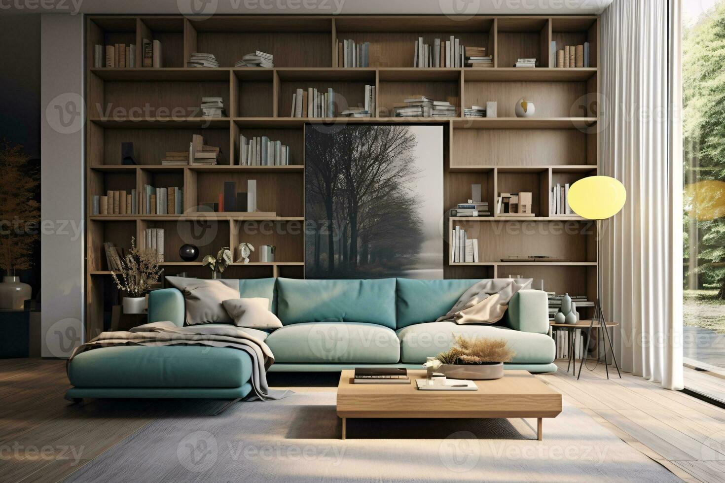 Modern Living Room with Aqua Sofa and Gray Bookshelf. AI Generative photo