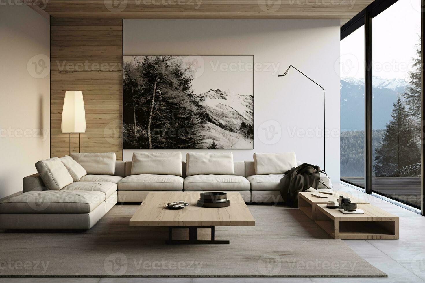 Modern Minimalist Living Room with Comfortable Couch and Stylish Table. AI Generative photo