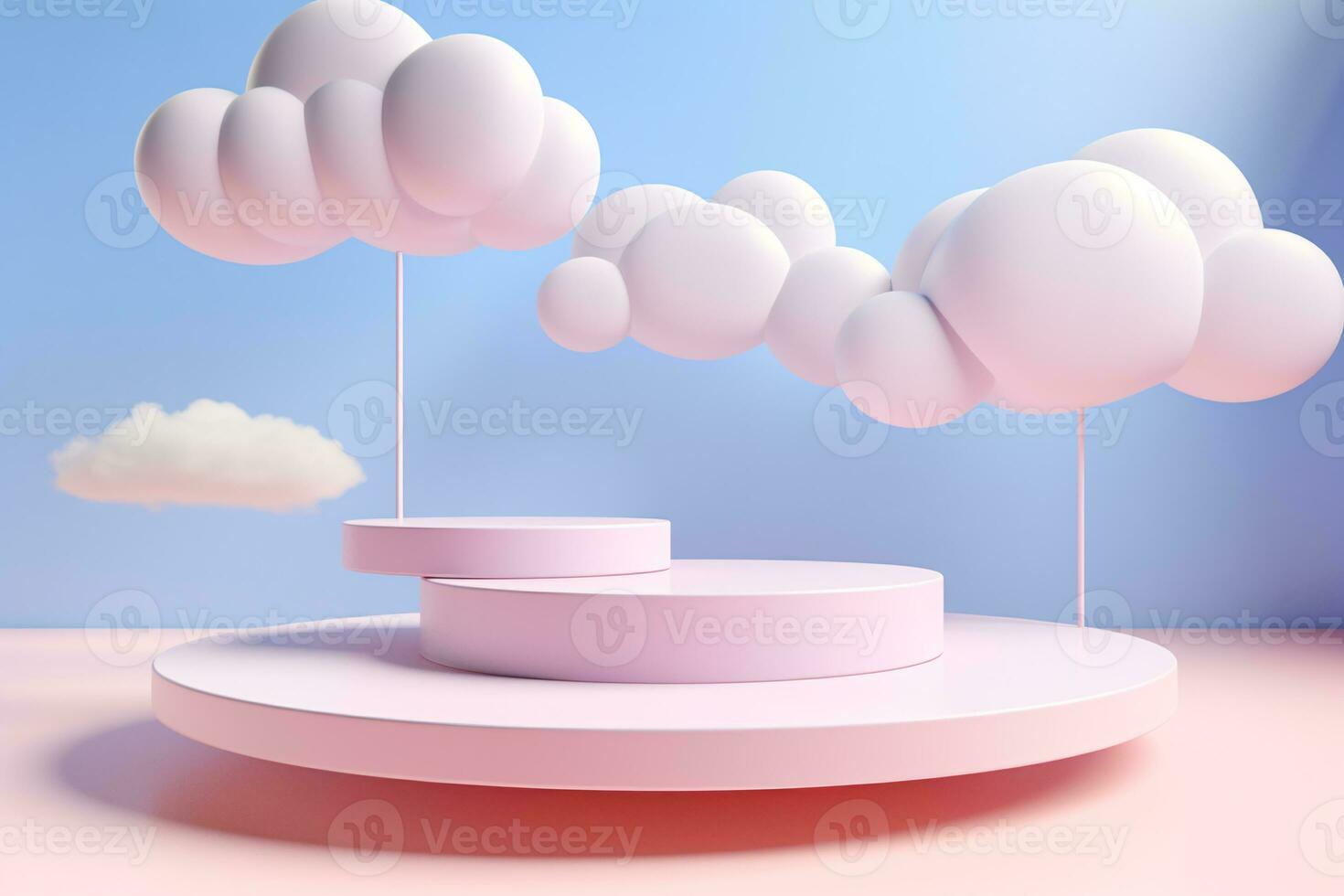 3D White Cloud Podium on Blue Background. AI Generative photo