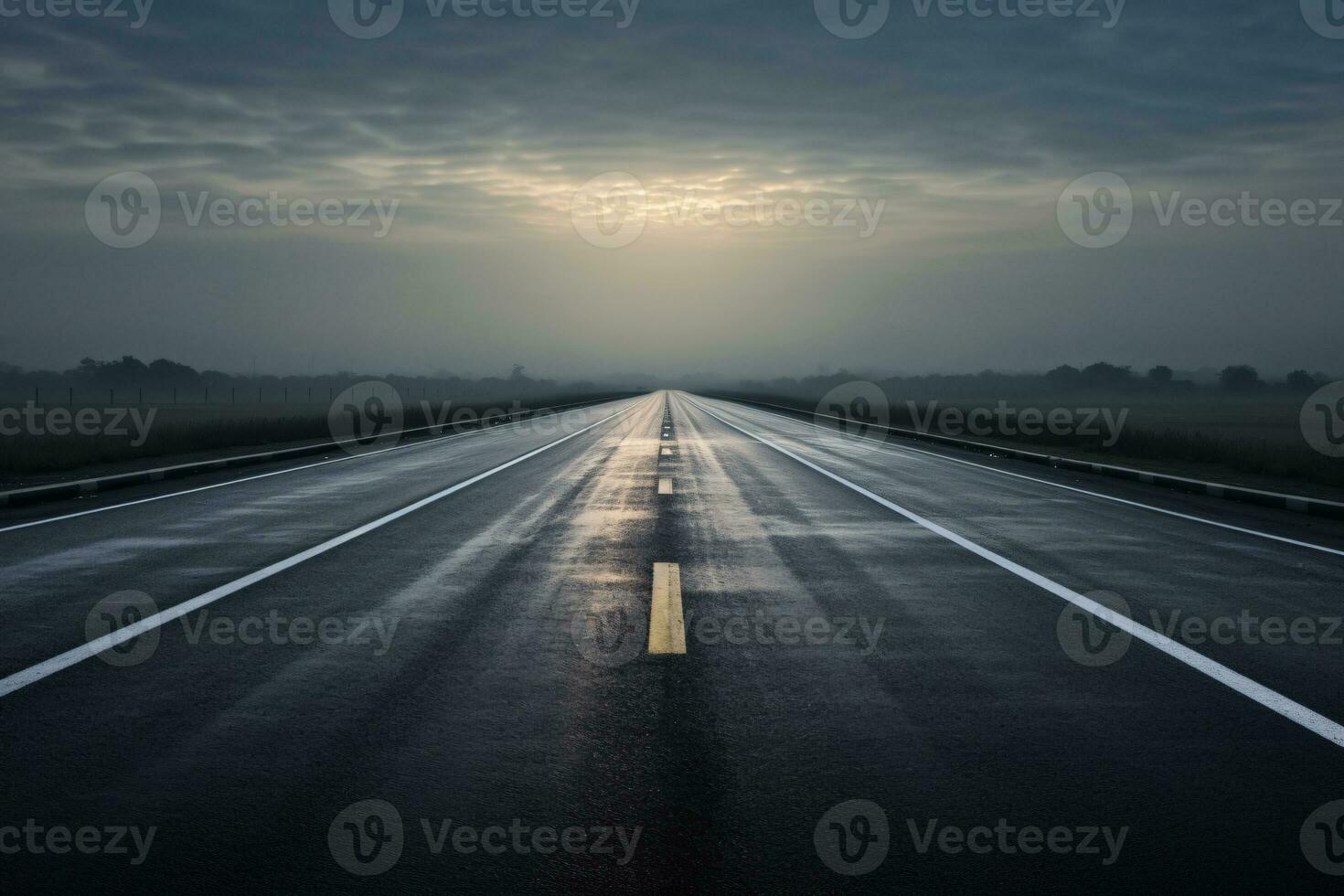 vacío autopista en el temprano Mañana niebla. ai generativo foto