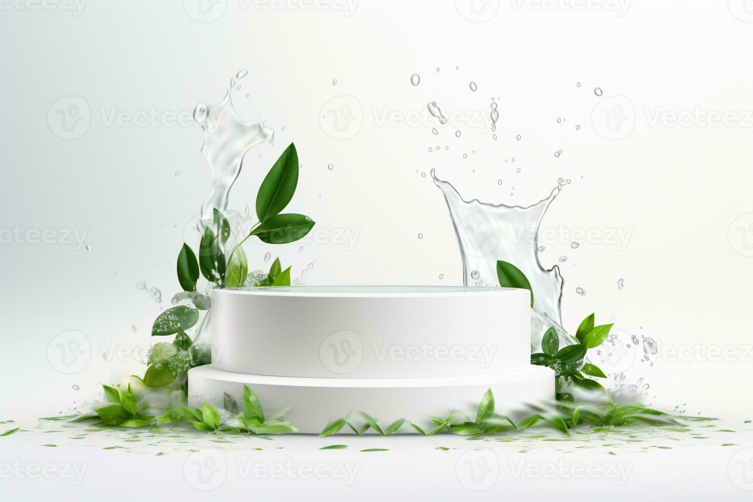 3D White Podium with Green Leaves and Water Splash. AI Generative photo