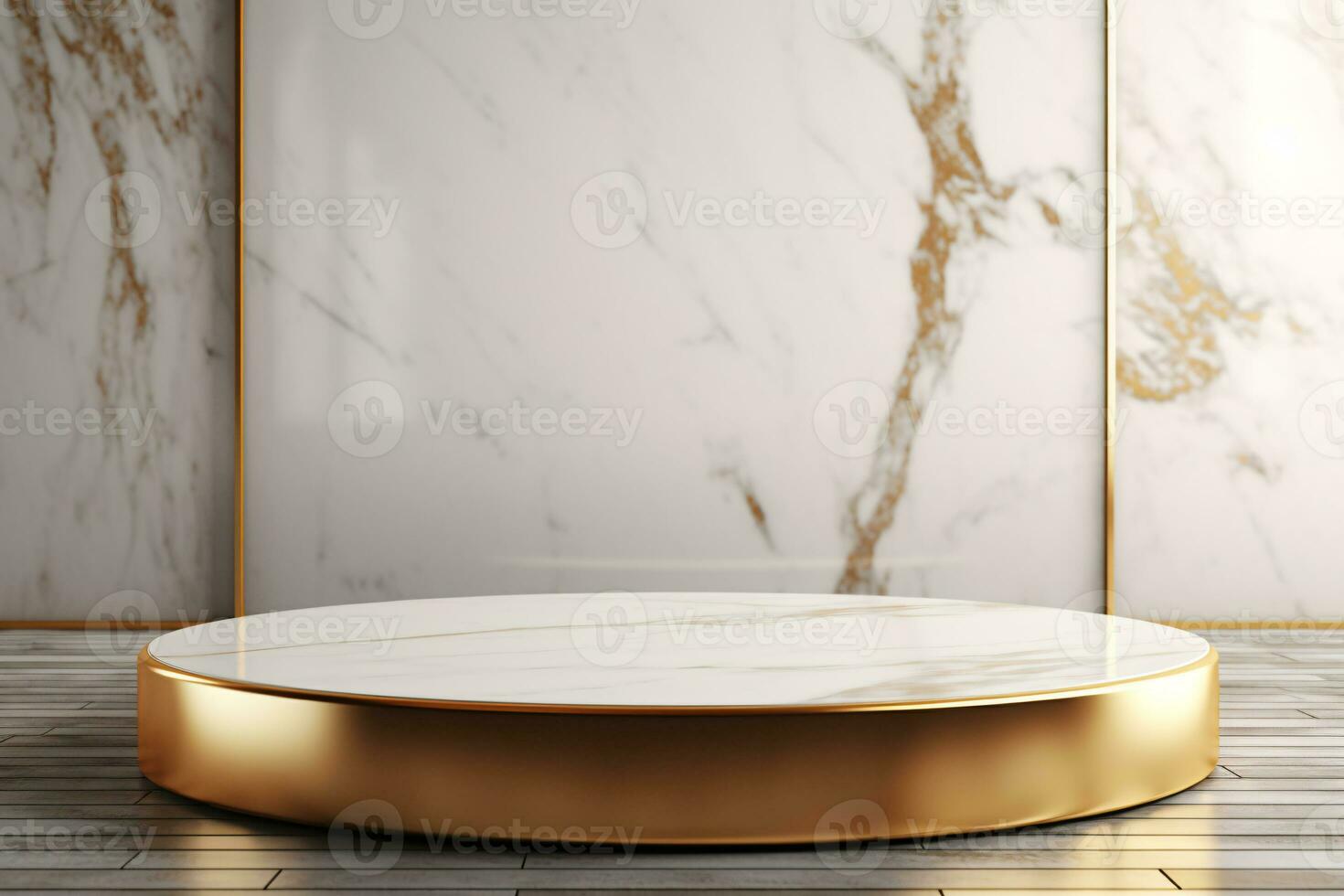3D Gold and White Marble Display Podium in Luxury Room. AI Generative photo