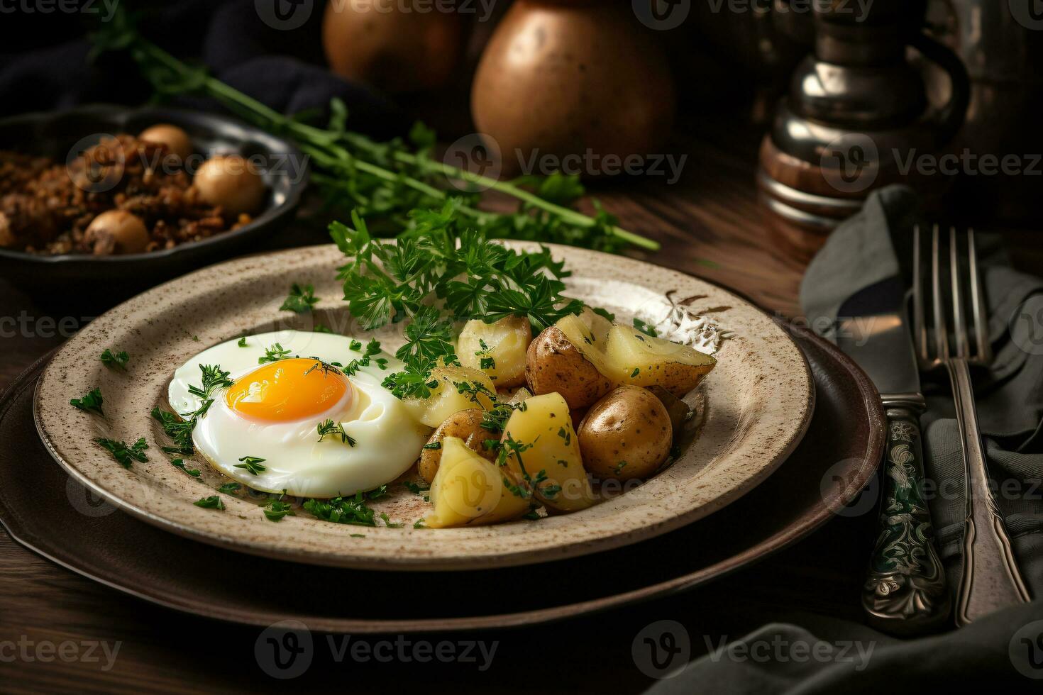 Fried Eggs and Potatoes on a Dining Table. AI Generative photo
