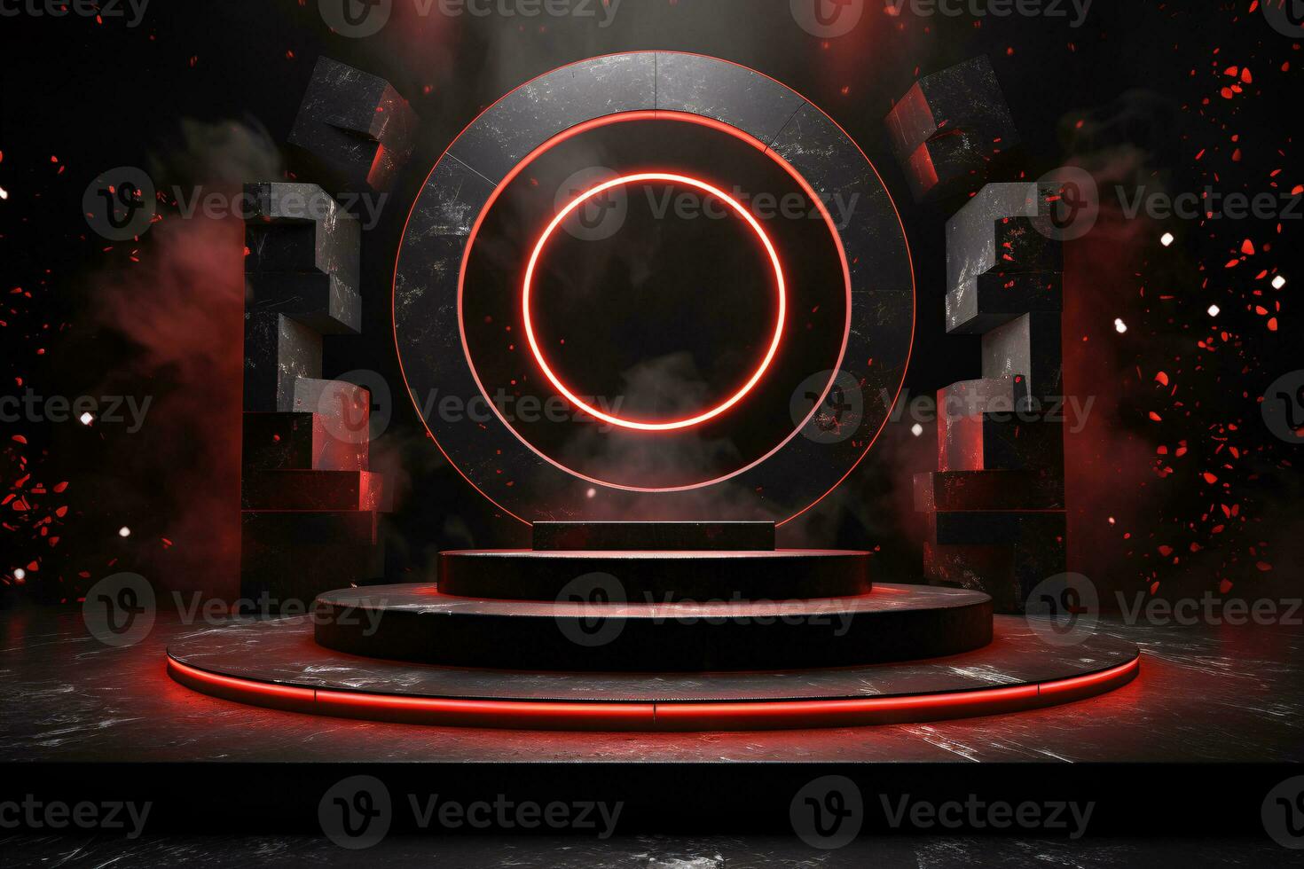 3D Red Neon Podium with Circle Glow Light. AI Generative photo