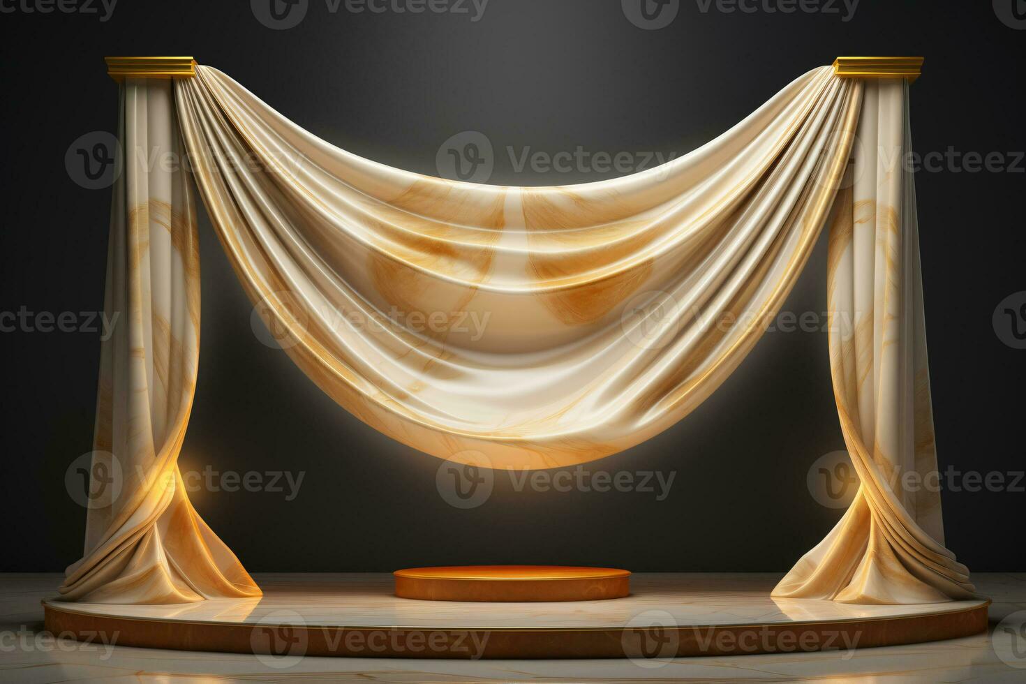 3D Marble Podium with Pole and Curtain on Black Background. AI Generative photo