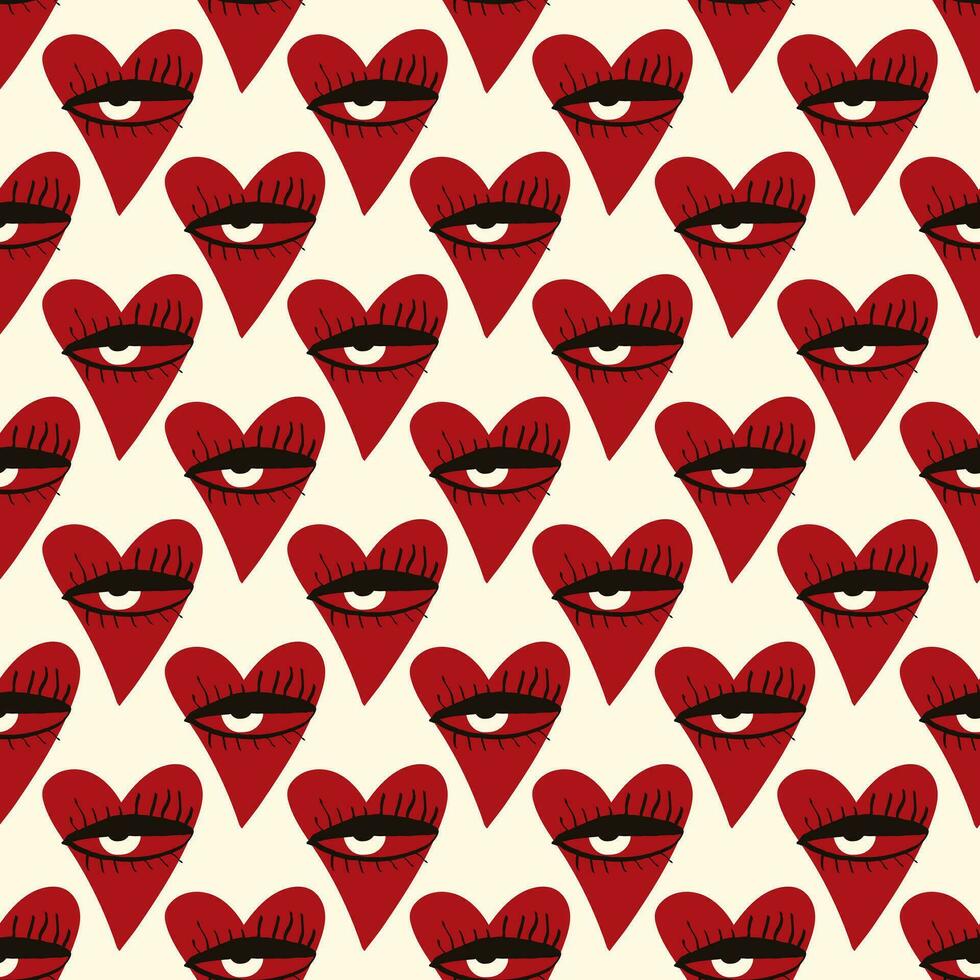 Valentines Day pattern with ugly funky hearts. Groovy cute love characters vector