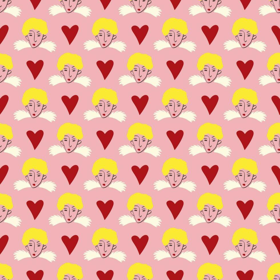 fancy bizarre angels and heart Valentines Day pattern. Illustration in a doodle style vector