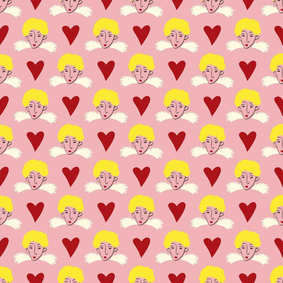 fancy bizarre angels and heart Valentines Day pattern. Illustration in a doodle style vector