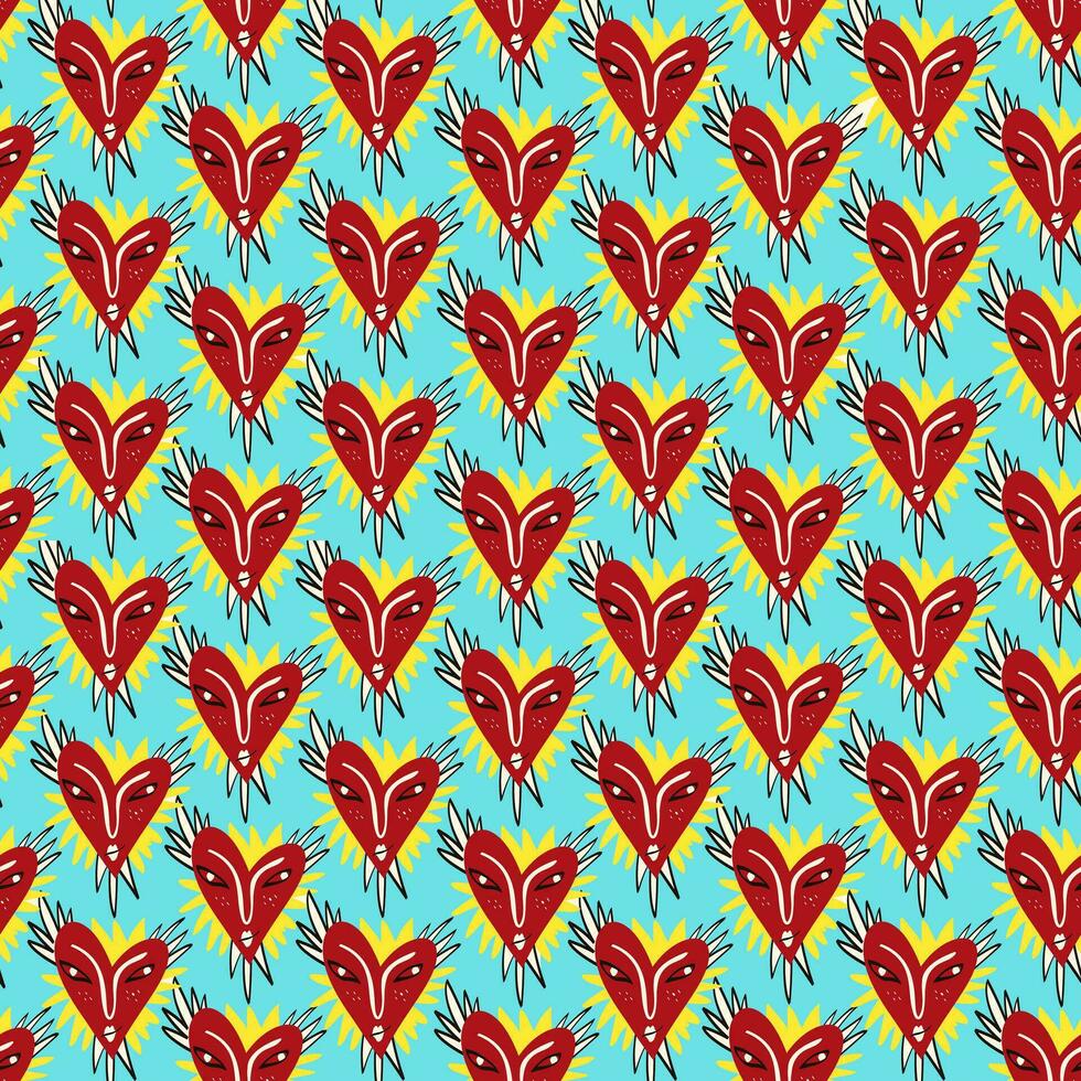 Valentines Day pattern with ugly funky hearts. Groovy cute love characters vector