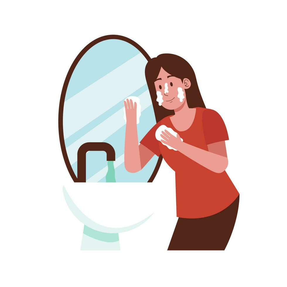 belleza mujer cara lavar a lavabo para piel cara belleza rutina tratamiento ilustración vector