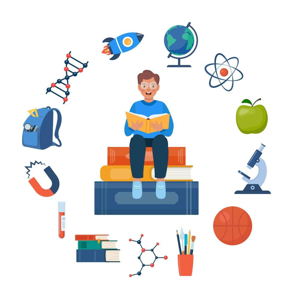 School, science and education icons around school kid. Boy kid getting knowledge, reading book. Microscope, atom, pupils, books, magnet, globe, basketball. Back to school. Vector illustration.