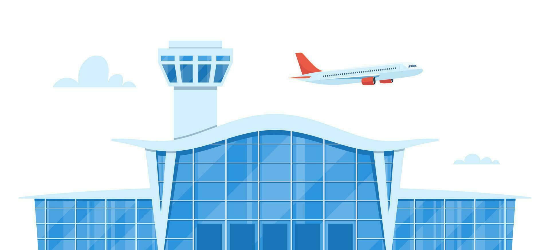 Airport building with flying airplane over tower. Airport terminal facade. Panorama exterior of architecture construction for trips and travels, tourists. Vector illustration.