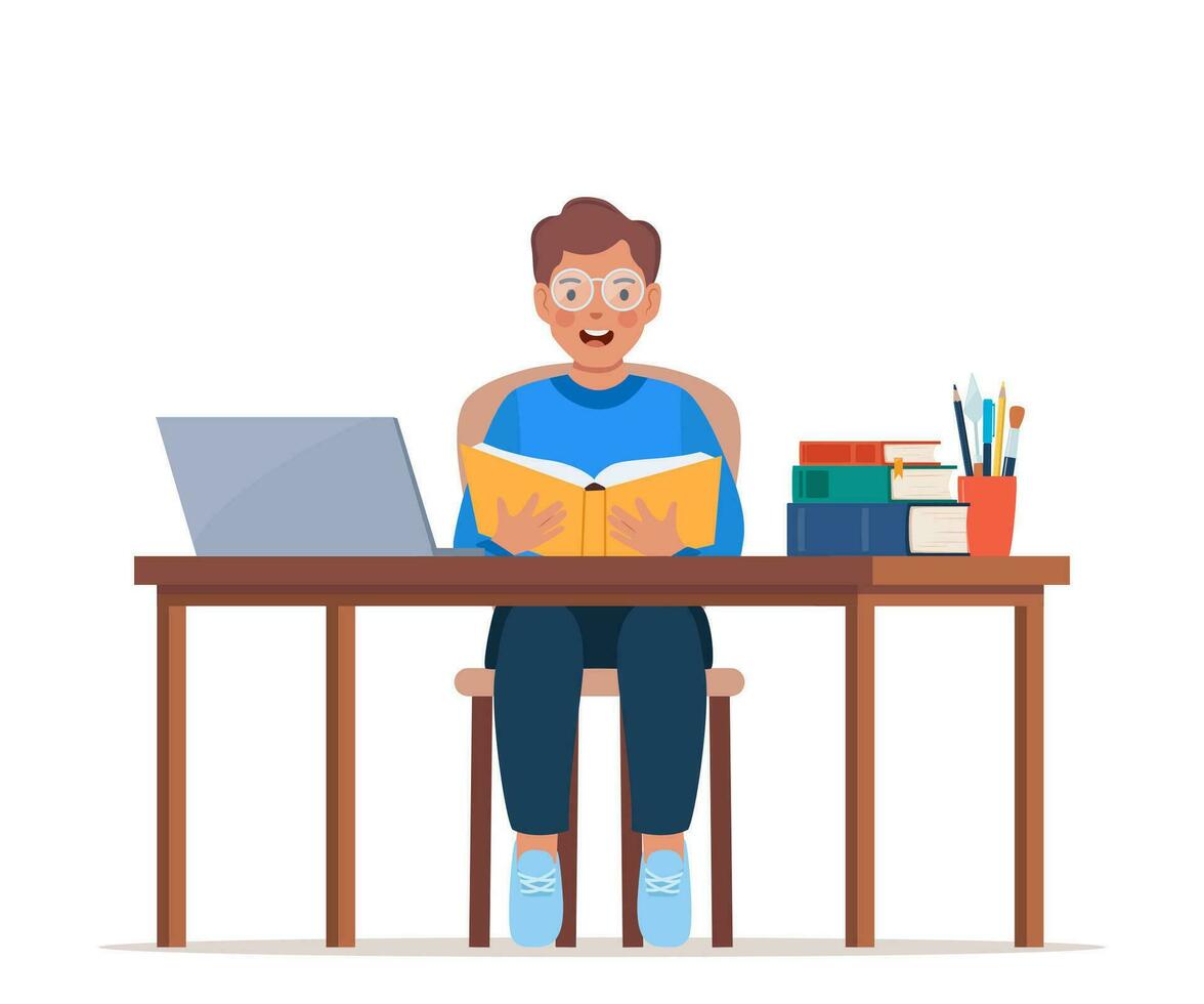 Online learning. Primary school boy pupil sit at desk. Knowledge, creativity, discoveries. Online courses of preschool education, distance learning or homeschooling. Vector illustration.