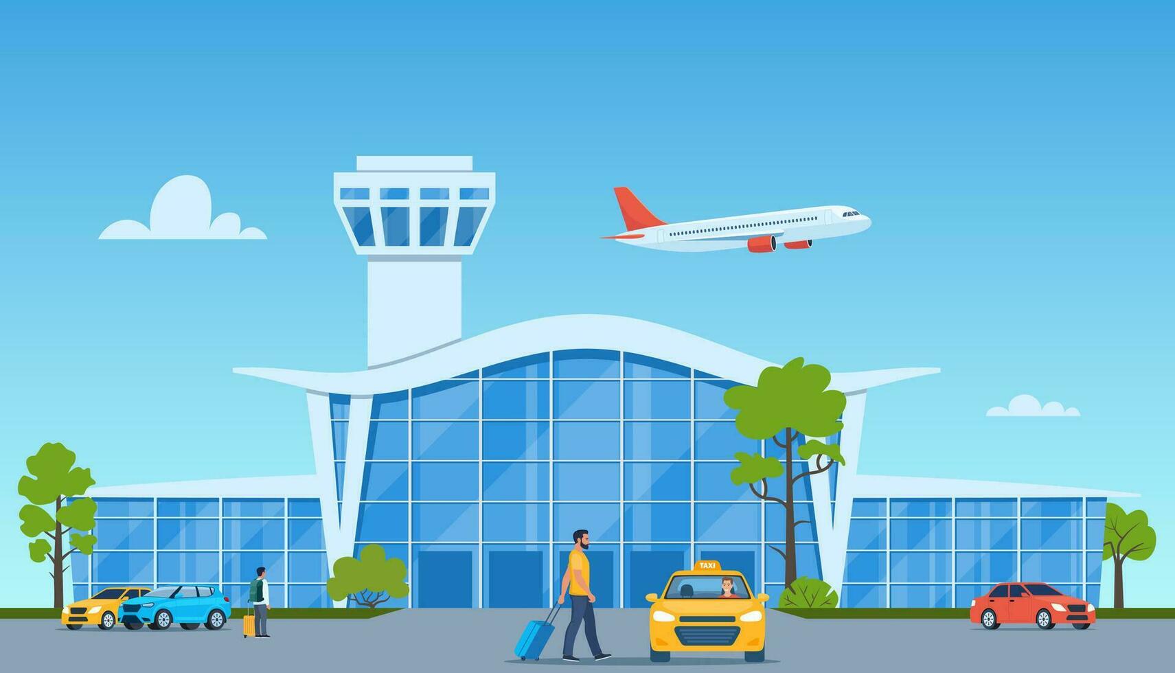 Airport terminal building, yellow taxi car, plane taking off in the background. Passenger with suitcase goes to the taxi. Travelling by plane concept. Vector illustration.