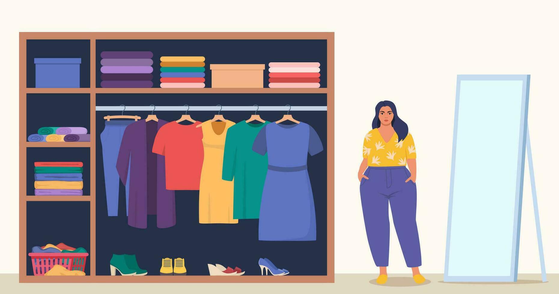 Woman standing near wardrobe to choose stylish outfit. Girl tries on clothes at home in front of a mirror. Girl choosing clothes. Vector illustration.