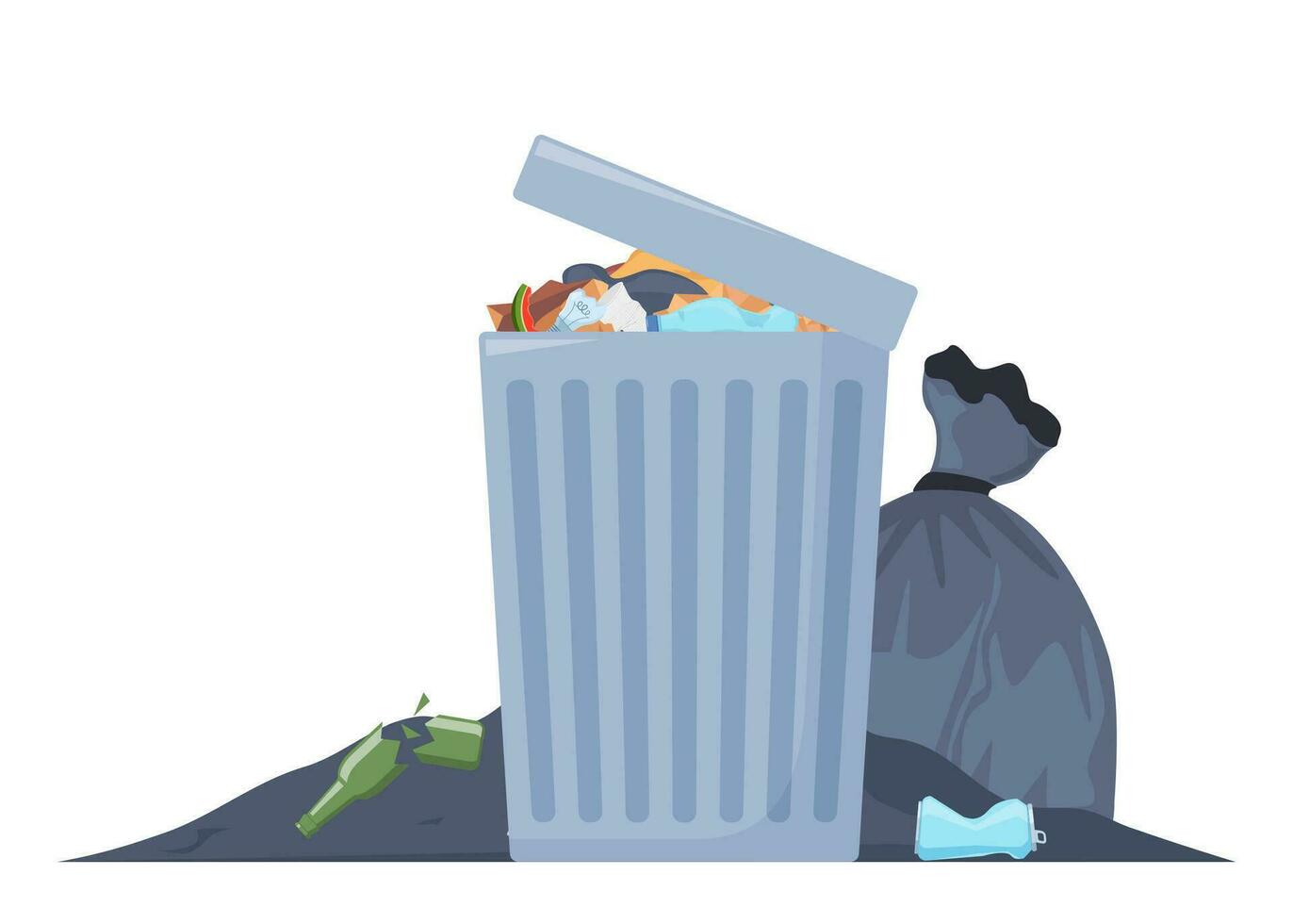 Overflowing trash can. Food garbage in waste bin with nasty smell. Rubbish dump and trash recycling, black bags with trash. Vector illustration.