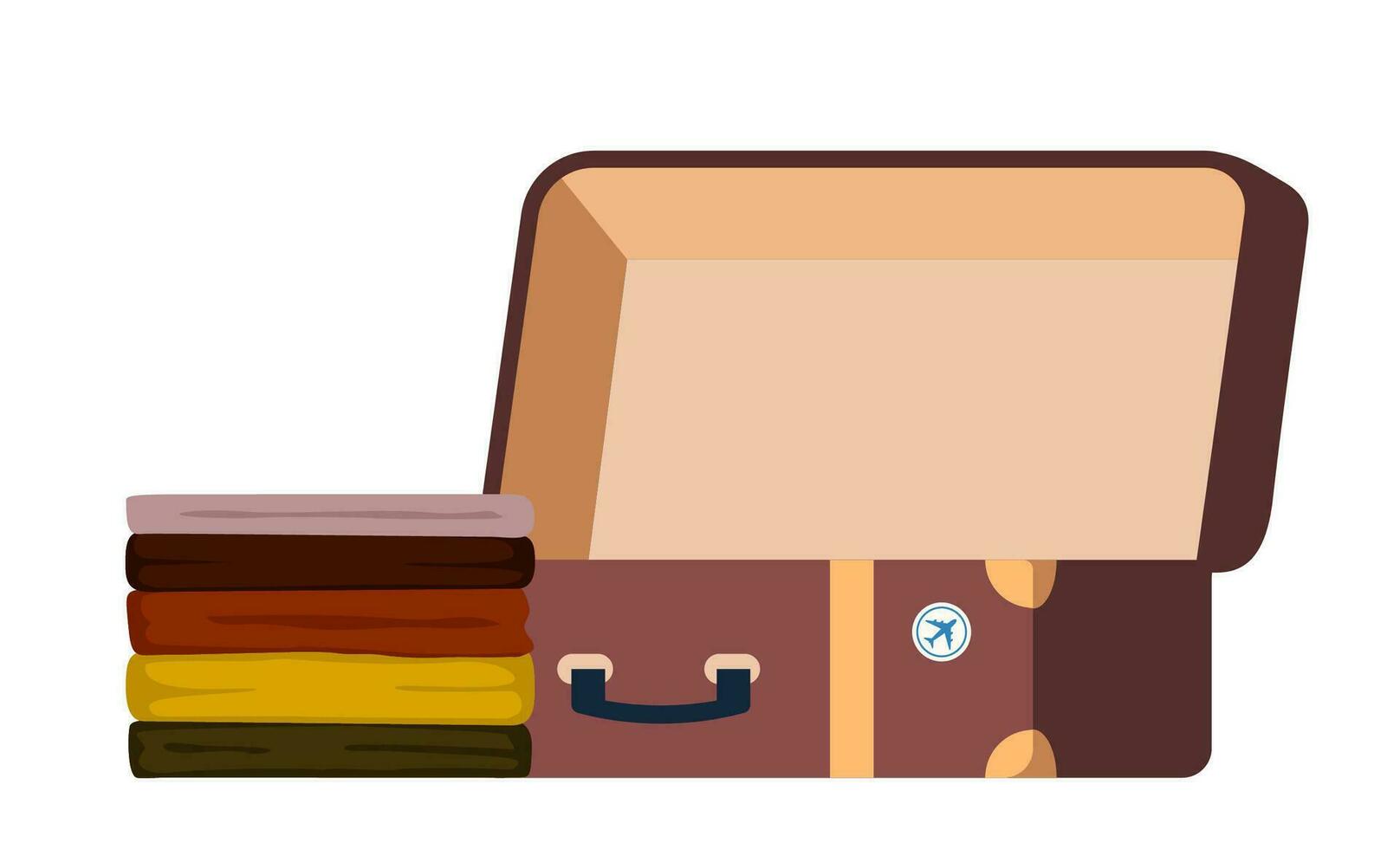 Pile of clothes and suitcase. Packing luggage for business trip or vacation. Stack of clothes and baggage. Vector illustration.