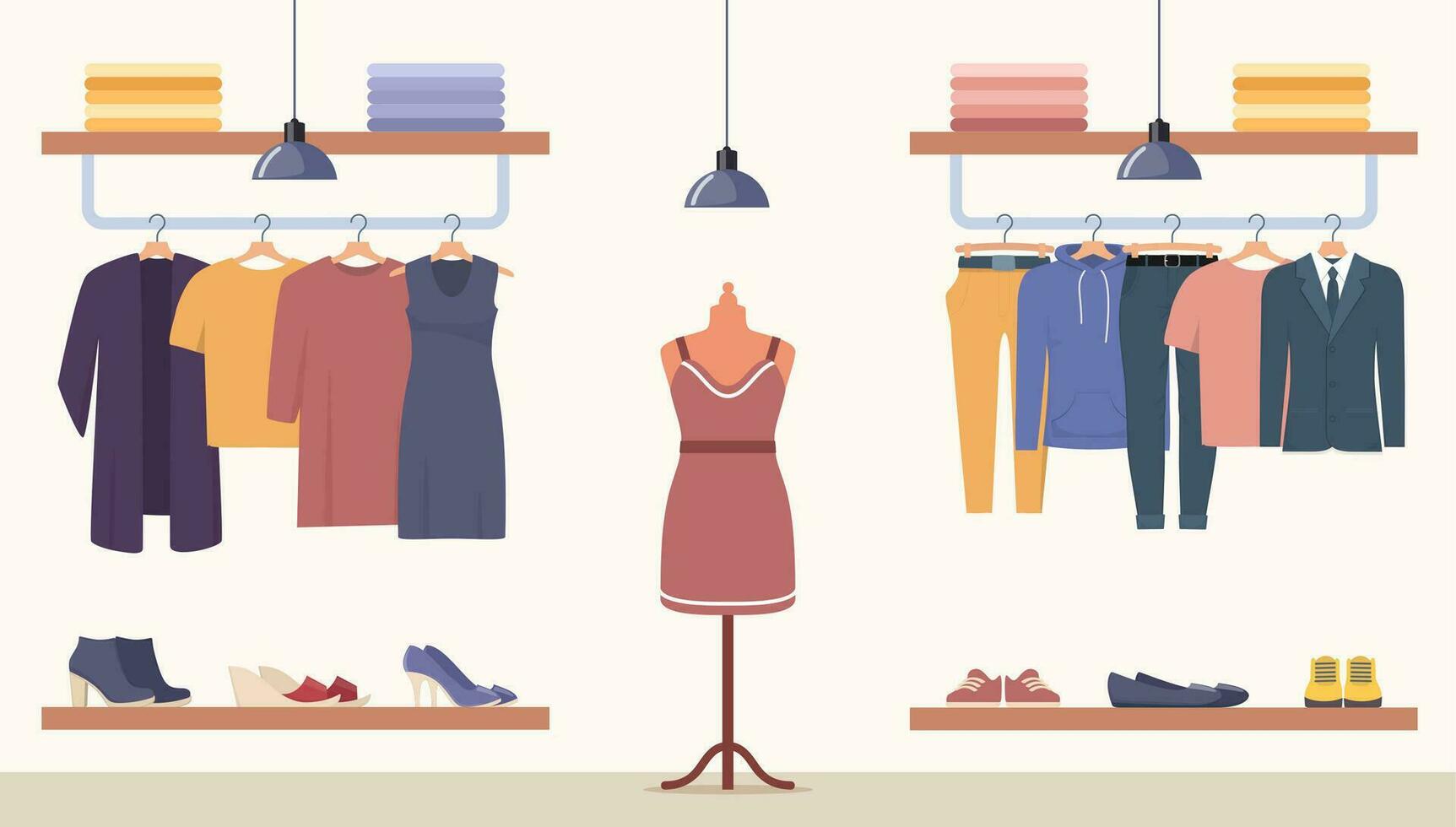 Clothing store. Clothes shop interior, boutique. Various women's and men's clothes on hangers, shoes on shelves, mannequin. Vector illustration.
