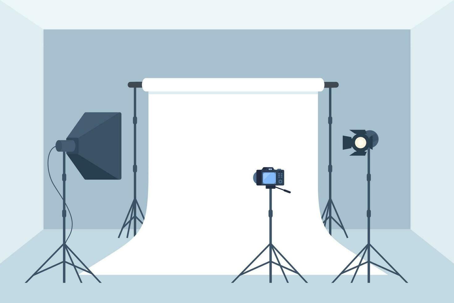 Photo studio with white blank background, soft box light, camera, spotlight. Professional equipment for photo and video shooting. Vector illustration.