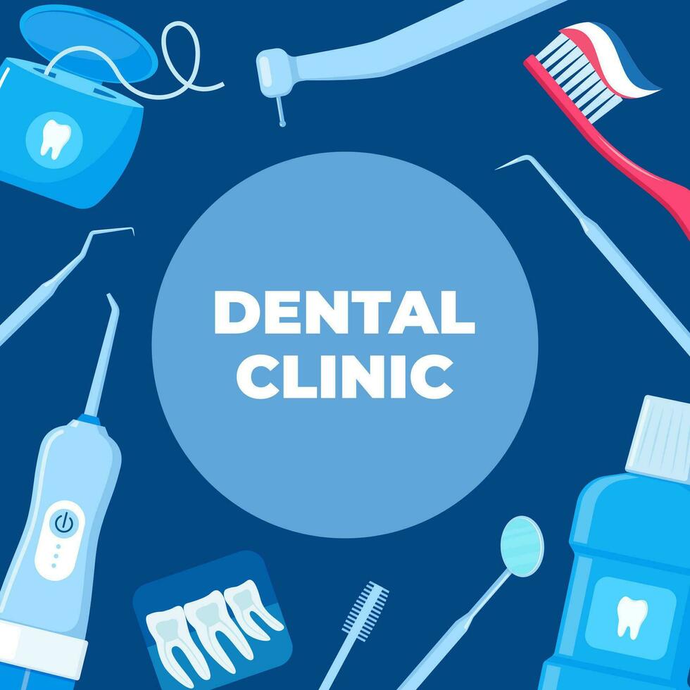 Dental clinic advertising banner template. Dentistry flyer. Dental Concept Frame. Healthy Clean Teeth. Dentist Tools and Equipment. Vector illustration.