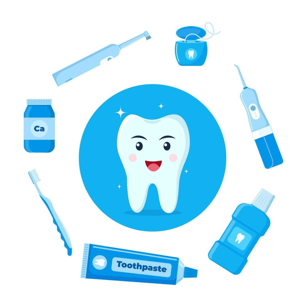 Healthy happy tooth character surrounded by dental cleaning tools, oral hygiene products. Dental health concept. Vector illustration.