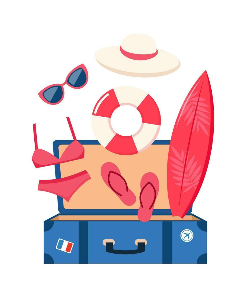 Open suitcase with summer beach elements. Summer colorful objects collection for outdoor trip vacation. Vector illustration.