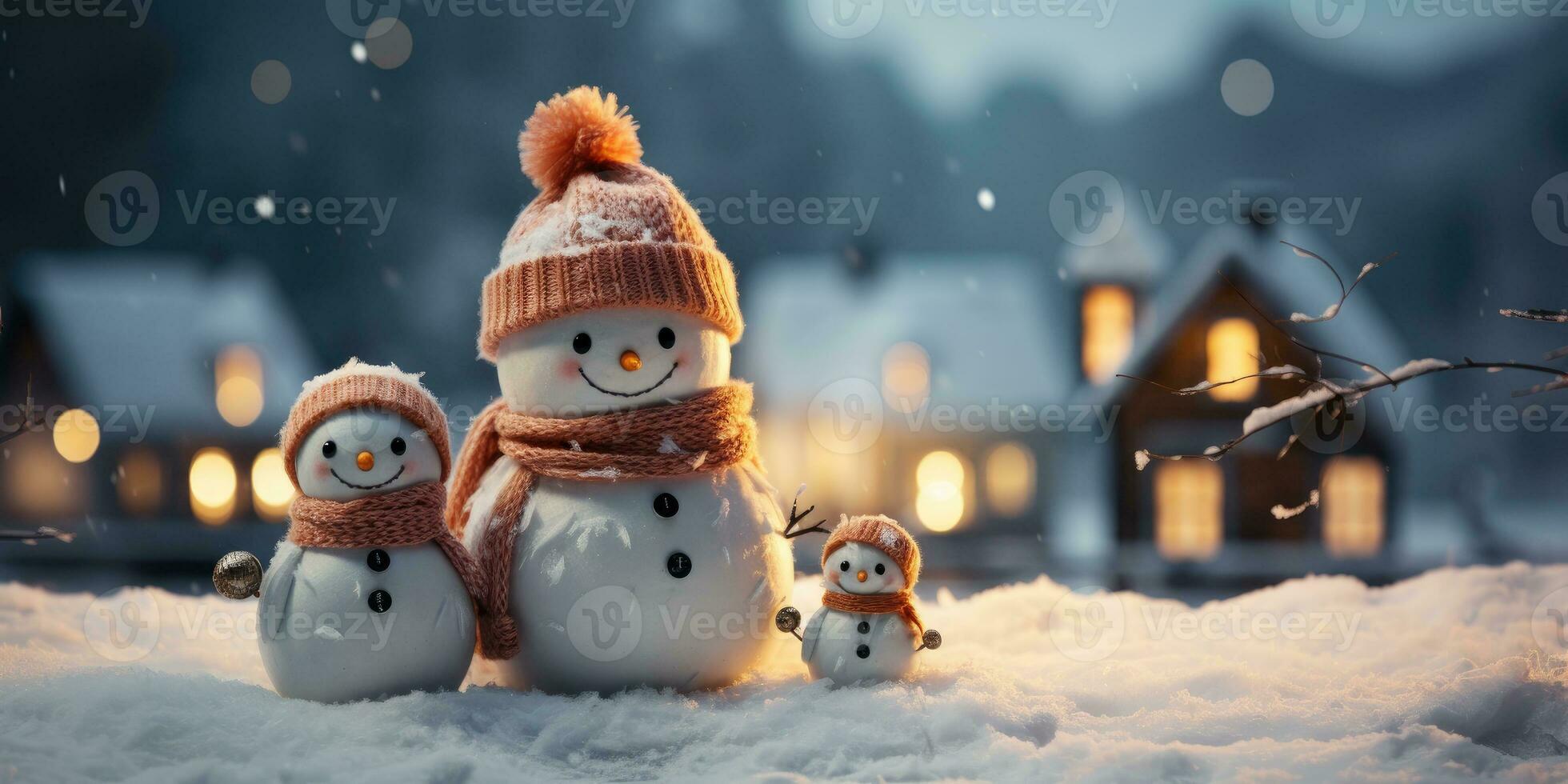 A cute smiling snowman in the biggest of the snow with a background. bokeh a Christmas tree and house the mountain. It's a blurred background. Generative AI photo