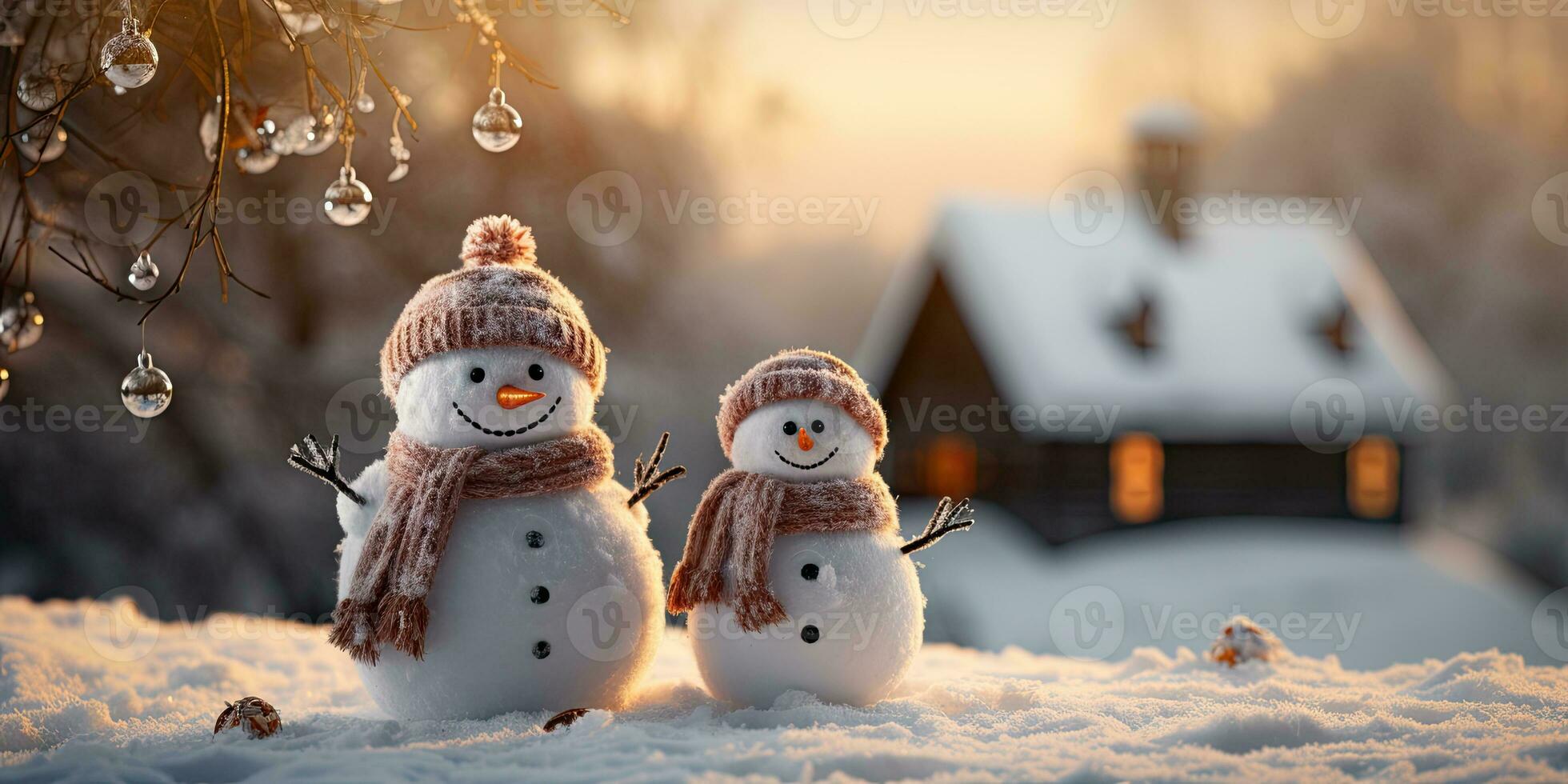 A cute smiling snowman in the biggest of the snow with a background. bokeh a Christmas tree and house the mountain. It's a blurred background. Generative AI photo