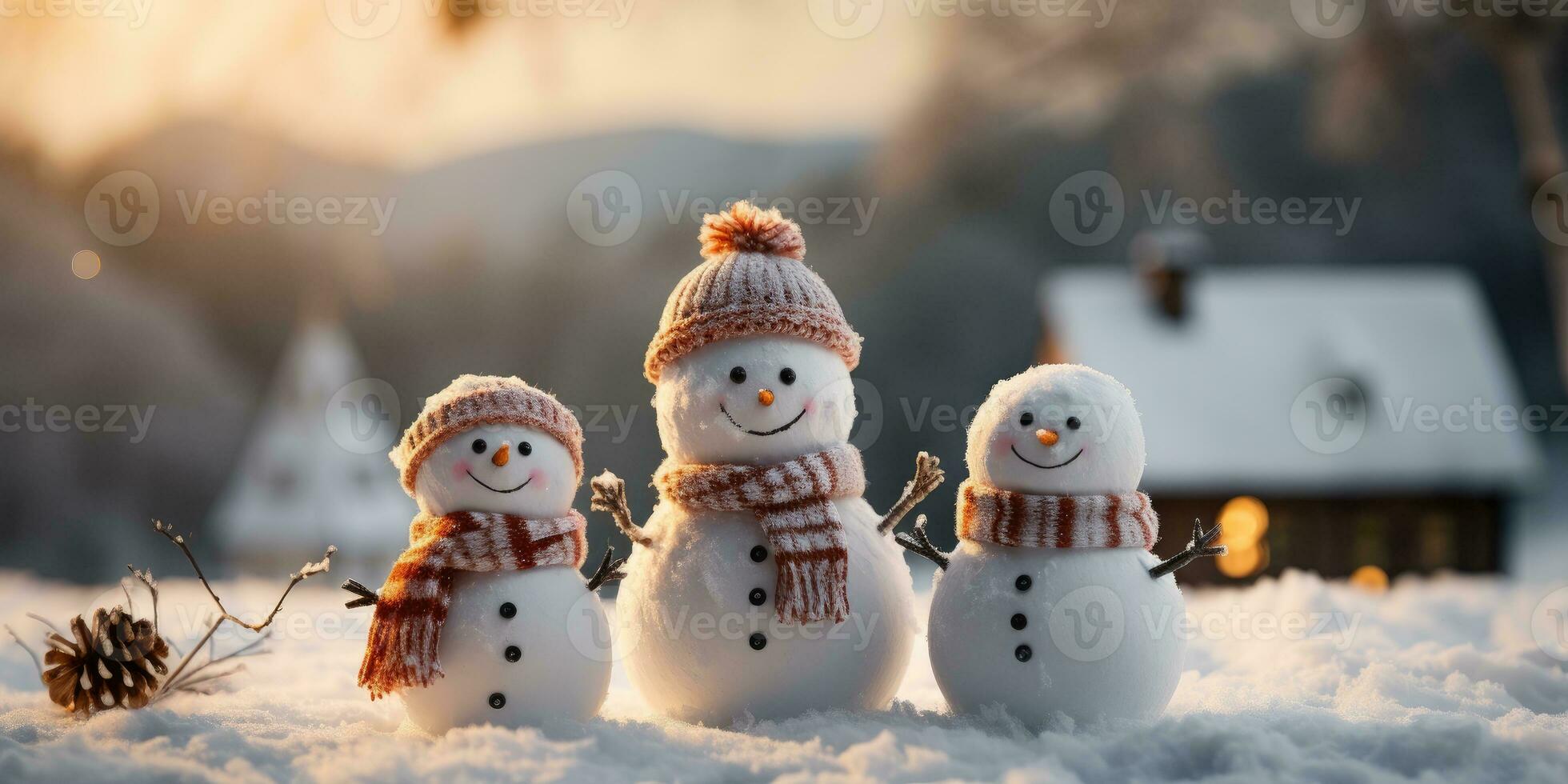 A cute smiling snowman in the biggest of the snow with a background. bokeh a Christmas tree and house the mountain. It's a blurred background. Generative AI photo