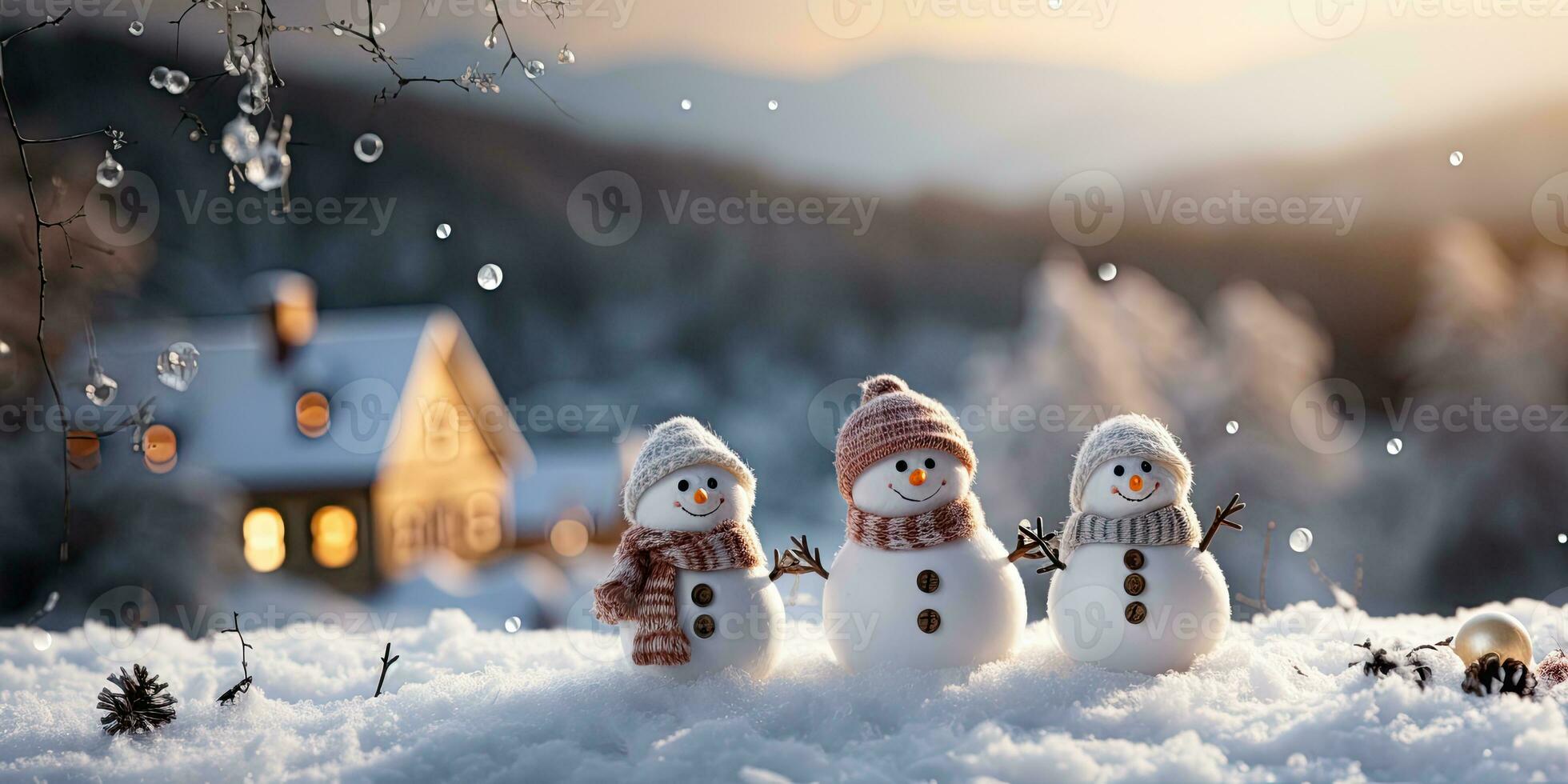 A cute smiling snowman in the biggest of the snow with a background. bokeh a Christmas tree and house the mountain. It's a blurred background. Generative AI photo