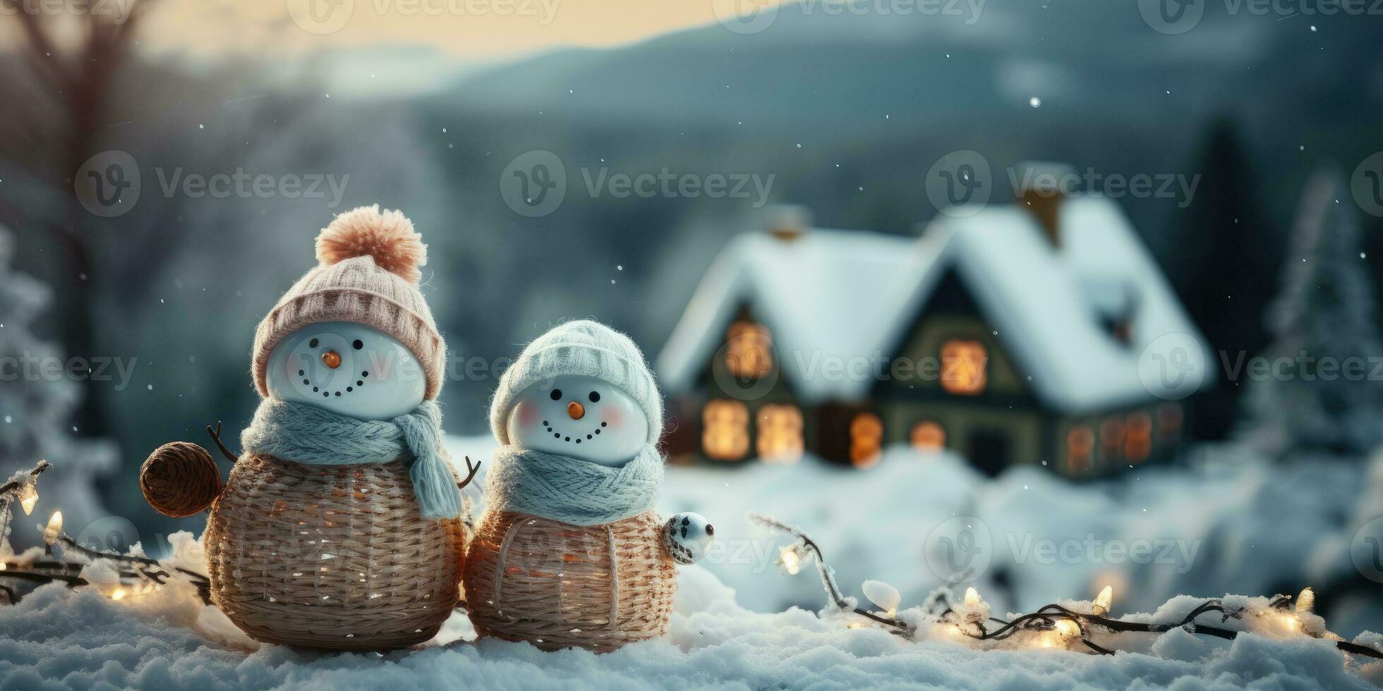 A cute smiling snowman in the biggest of the snow with a background. bokeh a Christmas tree and house the mountain. It's a blurred background. Generative AI photo