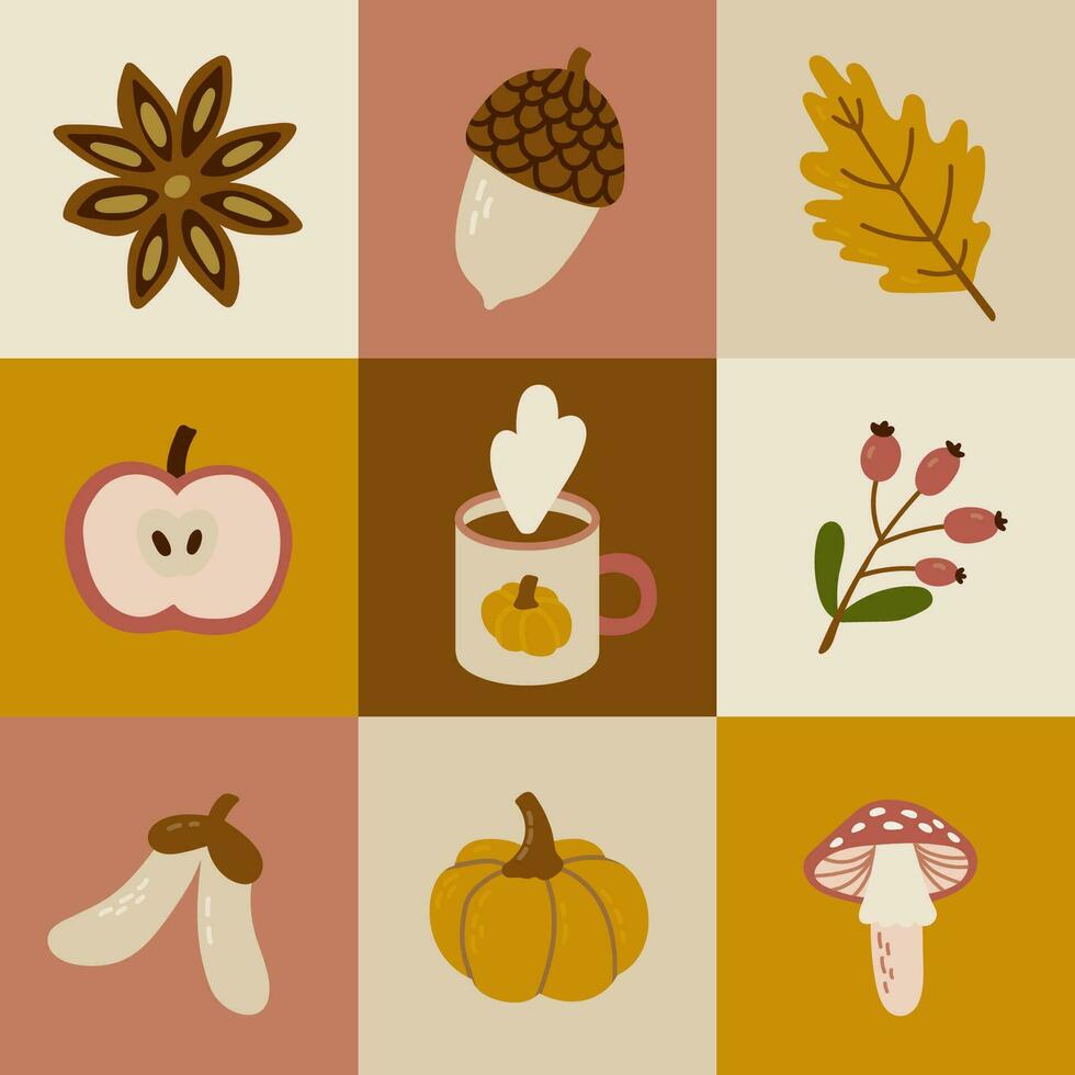 gráfico otoño vector sin costura modelo con manzana, bellota, baya rama, calabaza, mosca agárico, roble hoja, taza de té, arce semillas