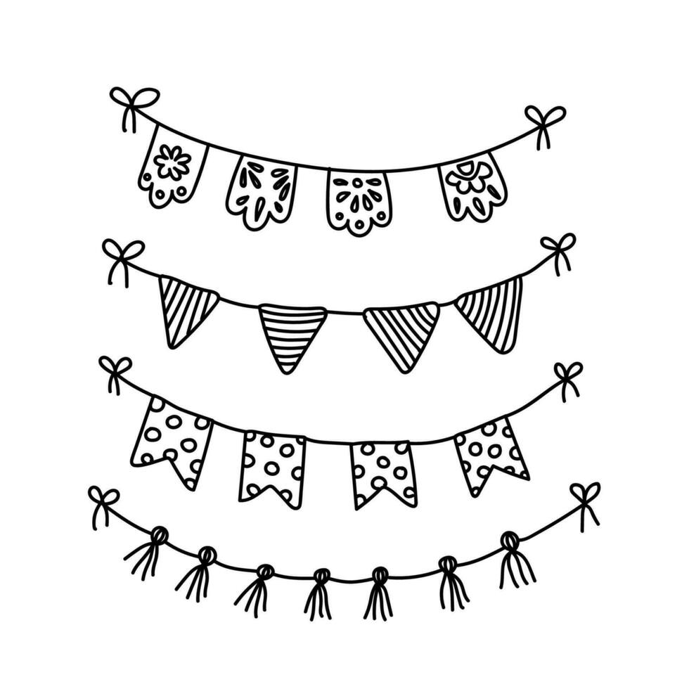 Garlands with tassels, flags doodle set. DIY holiday garland. Home party decoration. Vector hand drawn illustration isolated