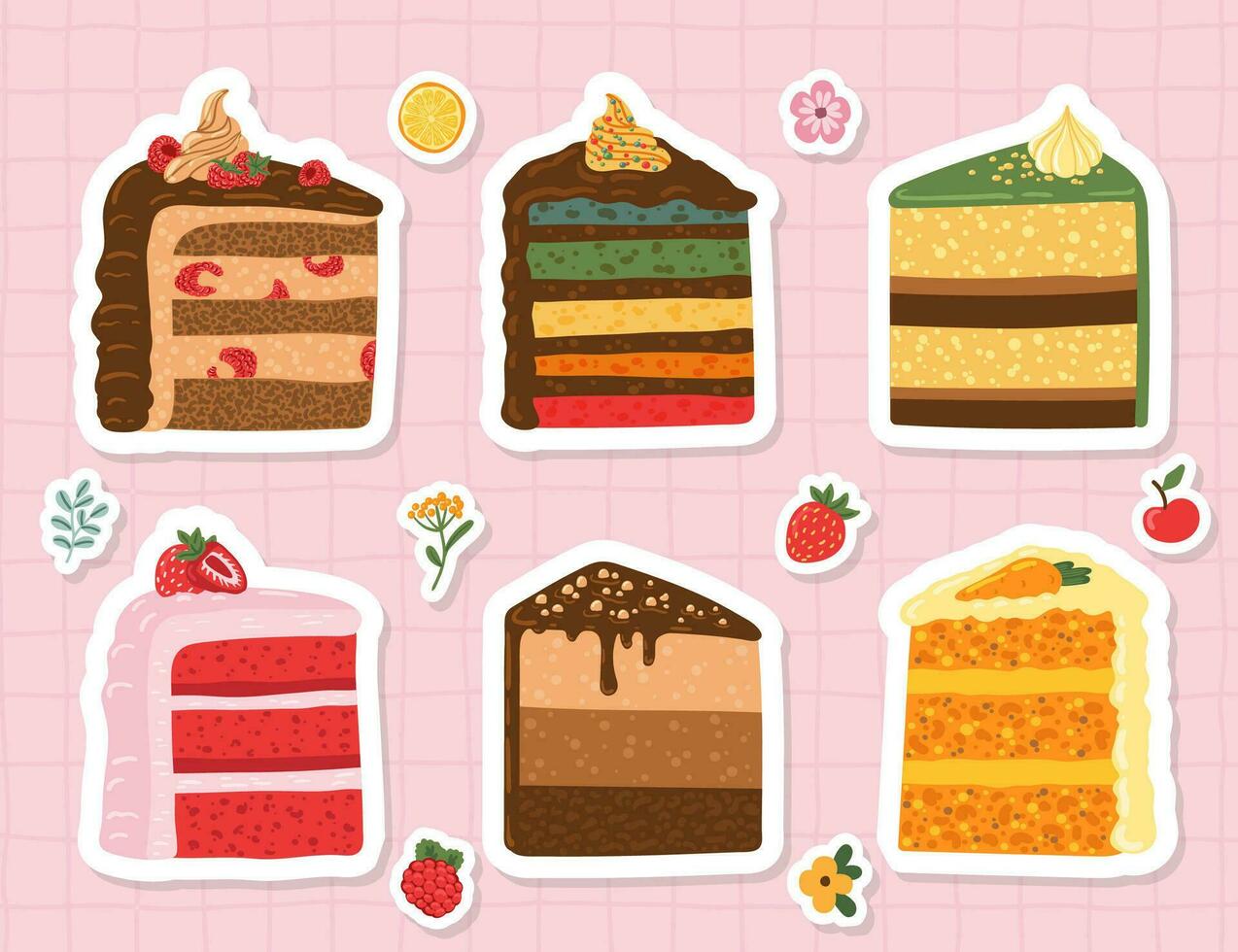 Set of birthday cake slice, Raspberry and Strawberry mousse cakes sticker collection vector ilustration. Happy birthday party vector elements