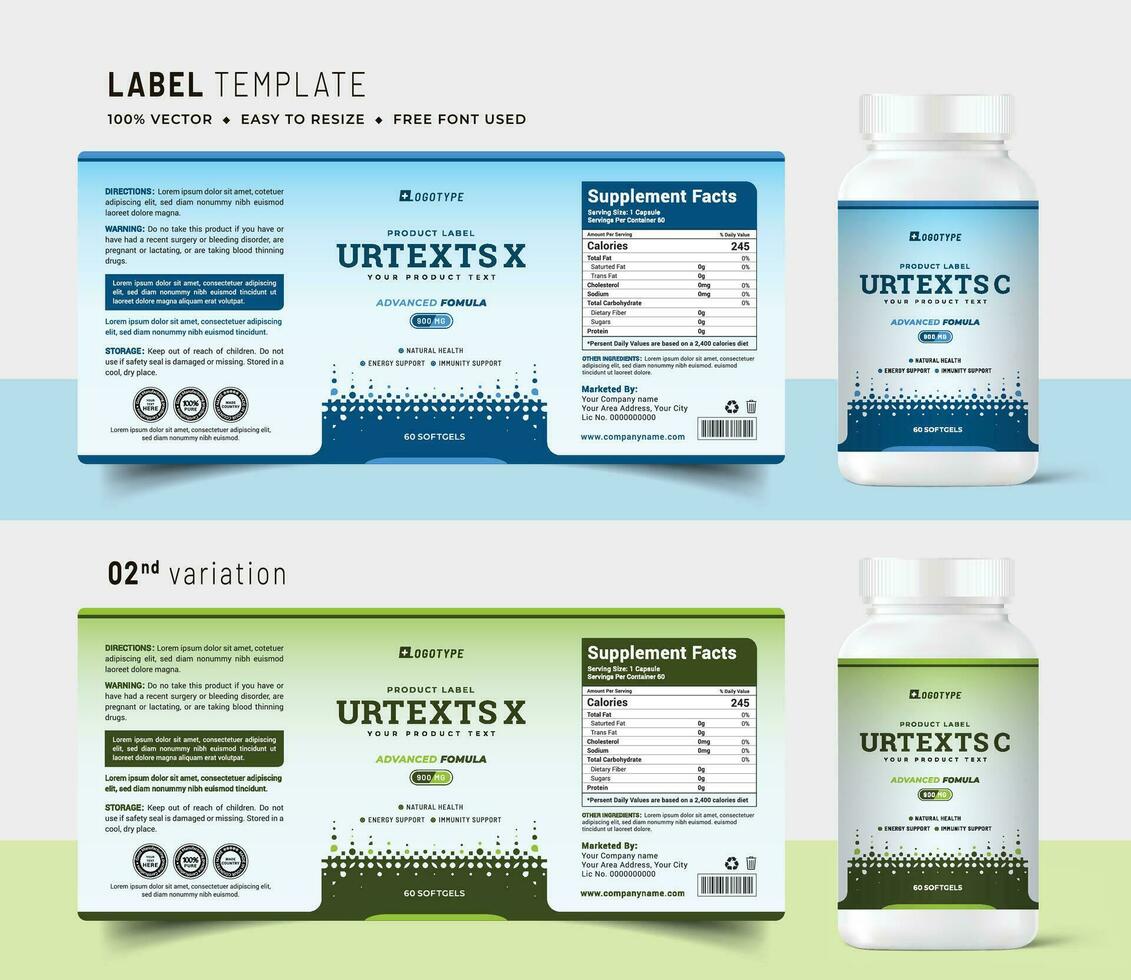 Multi vitamin label sticker design and natural food supplement banner packaging, bottle jar label medicine health nutrition medicine tablet product print vector. vector