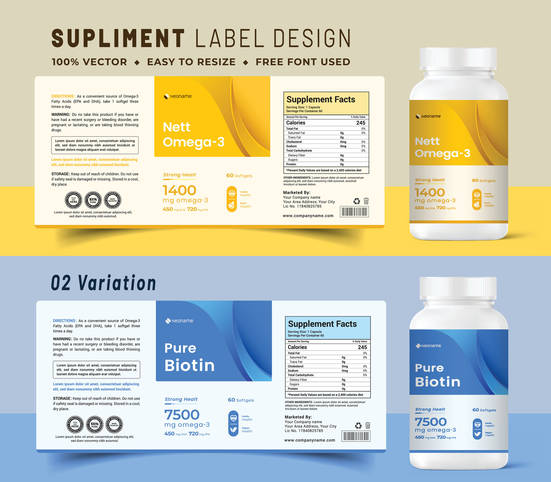 Multi vitamin label sticker design and natural food supplement banner