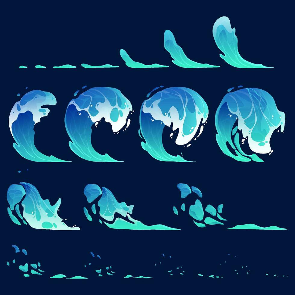 sea or ocean waves and swirl. Blue water motion effects, flows, streams, spills and crown shape isolated on background,  Liquid water splashes vector cartoon set.