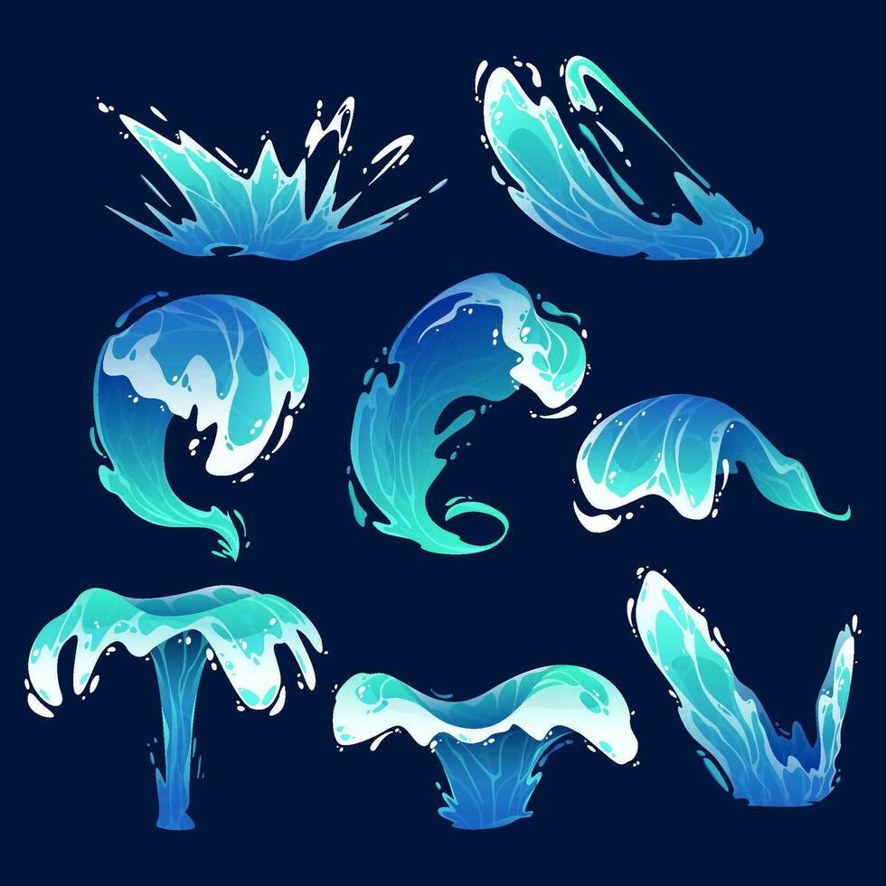 sea or ocean waves and swirl. Blue water motion effects, flows, streams, spills and crown shape isolated on background,  Liquid water splashes vector cartoon set.