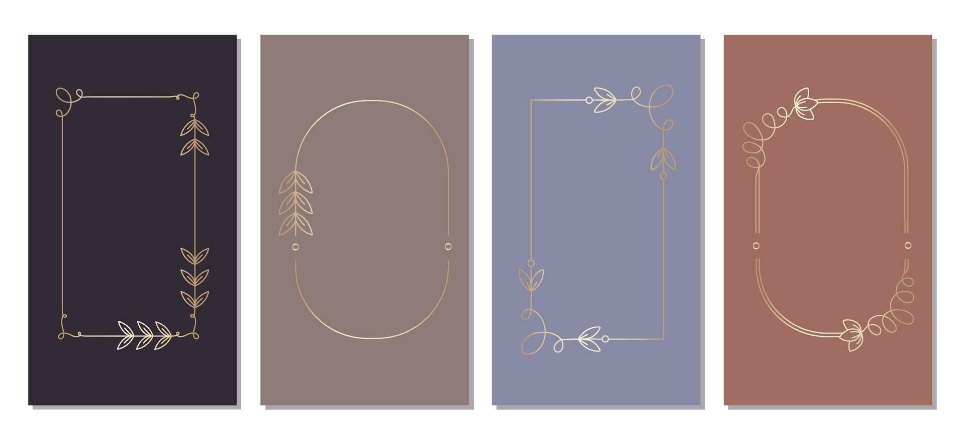 Hand drawn vector frames. Elegant golden frame on a dark background.  The illustrations are perfect for wedding invitation, post cards, logo, phone backgrounds, stories. Vector