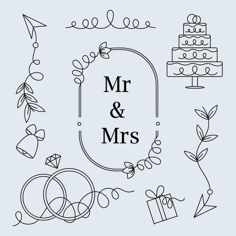 Elements for wedding design on withe background. Vector image in doodle style