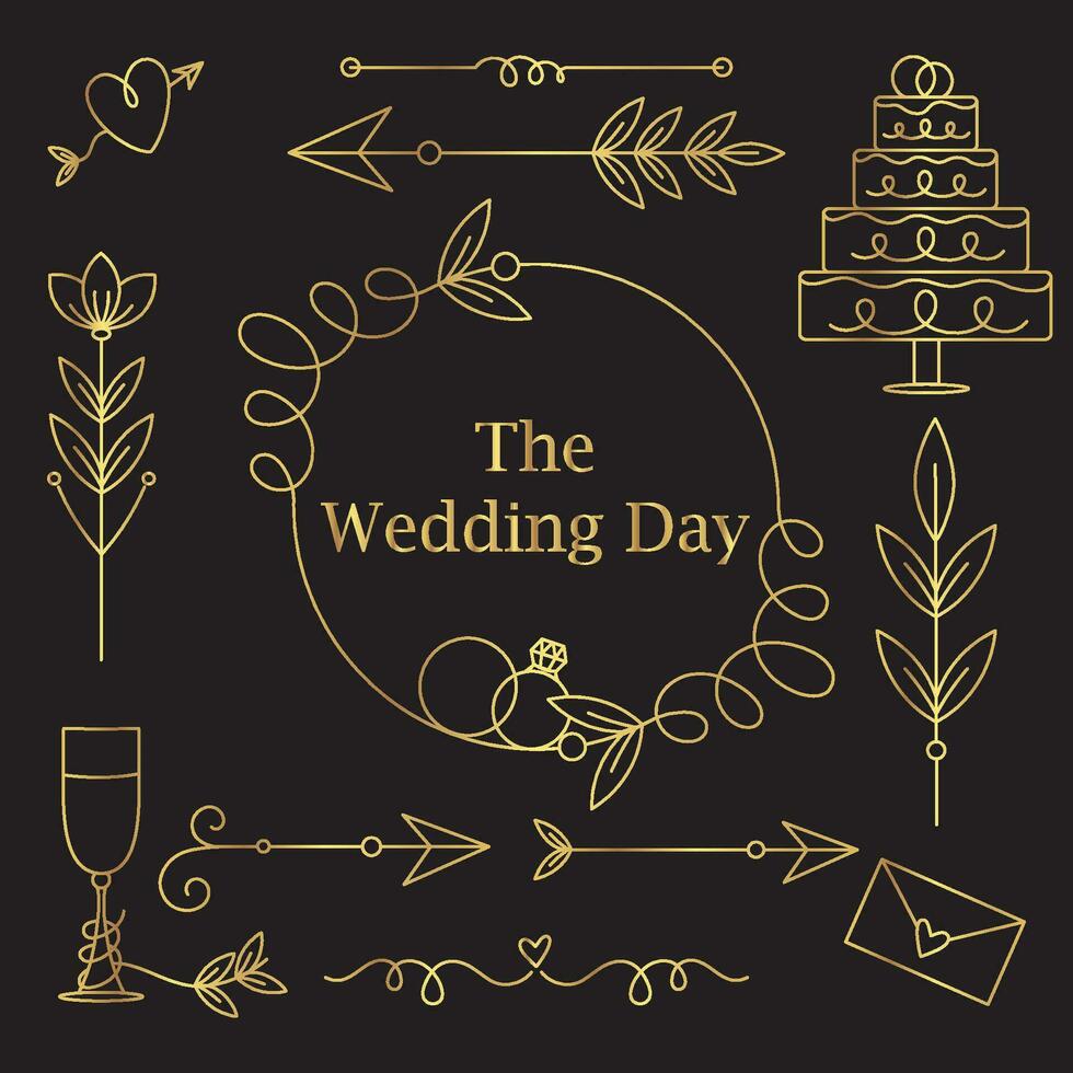 Wedding day. Hand drawn gold elements for wedding design. Frames, arrows, rings and cake with leaves. Doodle vector illustration