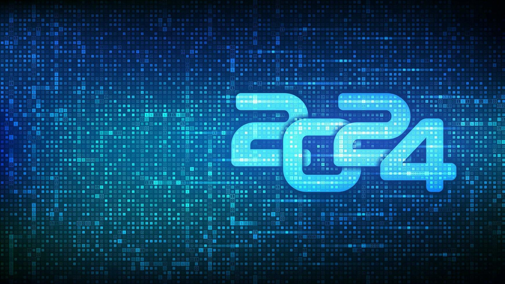 Happy New Year 2024. Numbers 2024 made with binary code. Digital binary data and streaming digital code background. Matrix background with digits 1.0. Vector illustration.