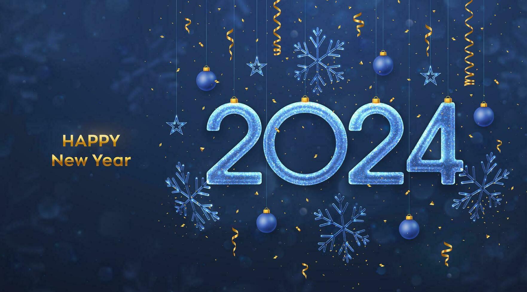 Happy New Year 2024. Hanging glitter ice numbers 2024 with shimmering snowflakes, shining stars, balls, confetti on blue background. New Year greeting card, banner, flyer, poster. Vector illustration.