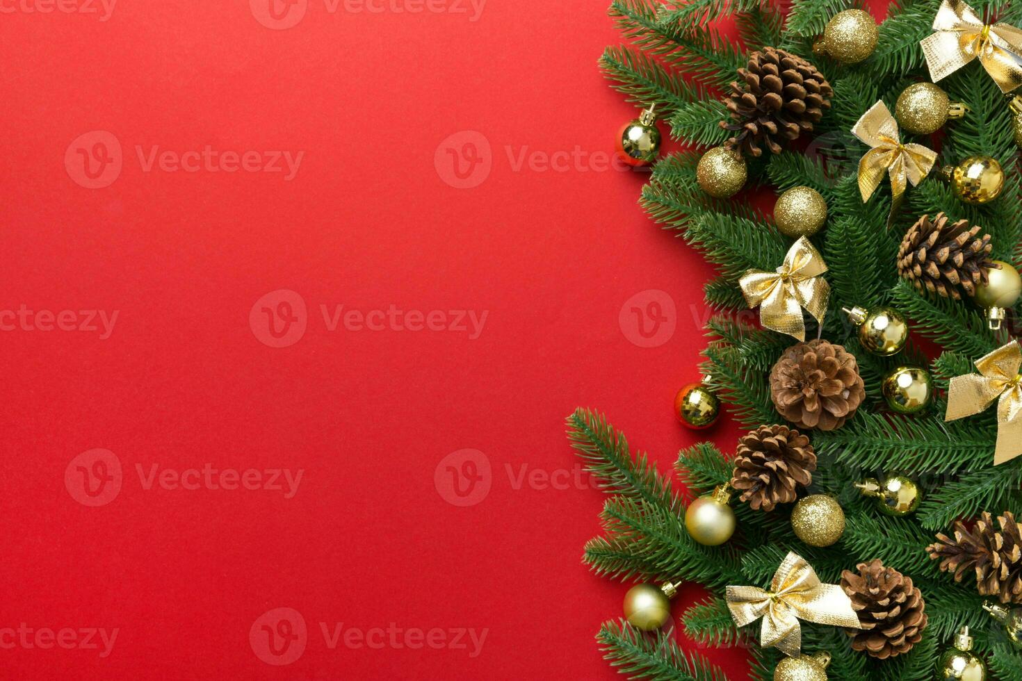 Christmas background with fir branches and Christmas decor. Top view, copy space for text photo