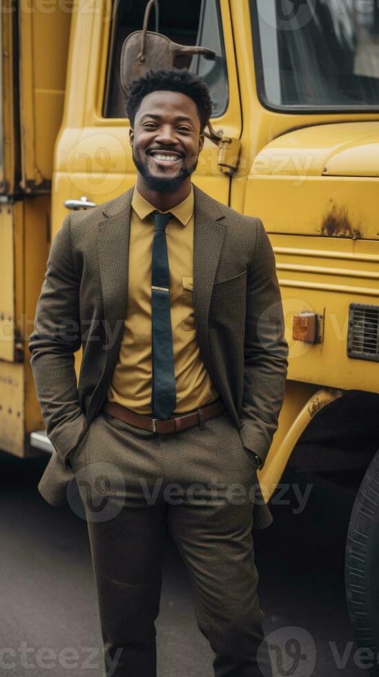 HyperRealistic photo of man standing in front of a truck. Generative ai