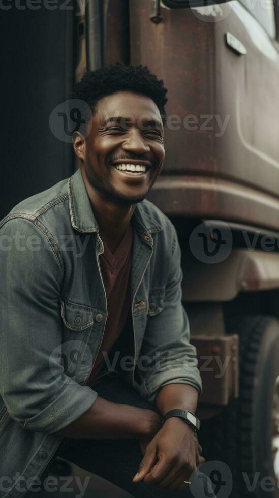 HyperRealistic photo of man standing in front of a truck. Generative ai